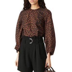 Ganni Leopard Cotton Poplin Blouse In Toffee Size 4